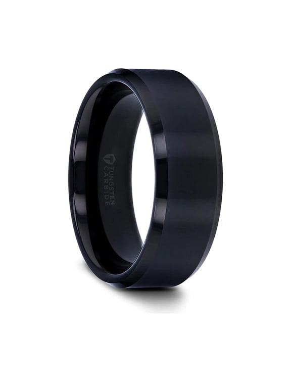 Infinity Black Tungsten Men’s Wedding Band, Polished Finish, Beveled Edges, 10mm, Size 15
