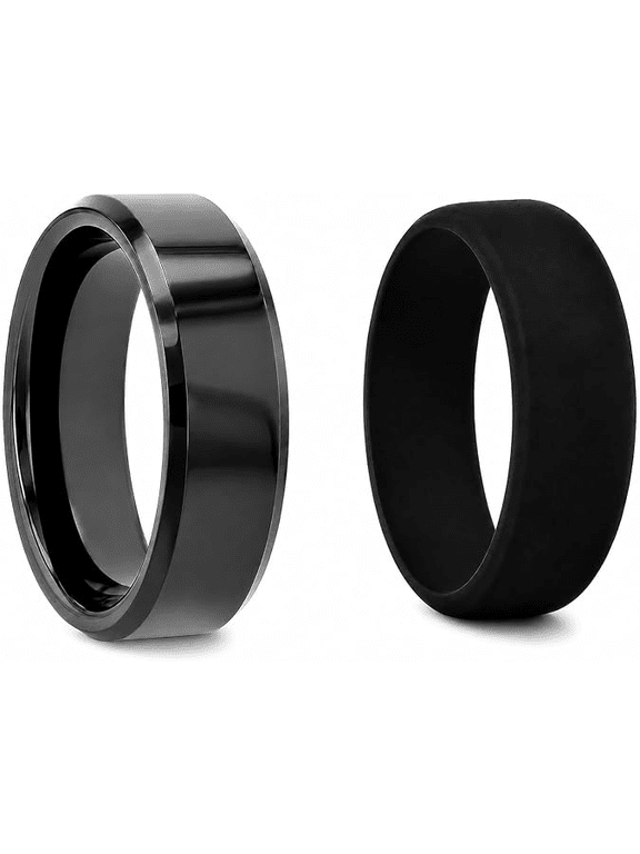 Infinity Black Tungsten Men’s Wedding Band with Silicone Ring, Beveled Edges, 10mm, Size 7.5