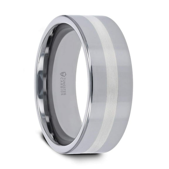 Thorsten Ivar | Tungsten Rings for Men | Tungsten | Comfort Fit | Platinum Inlaid Flat Tungsten Wedding Ring Band