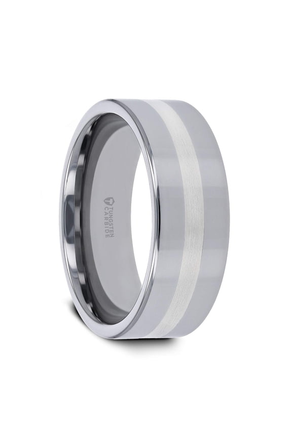 Ivar | Tungsten Rings for Men | Tungsten | Comfort Fit | Platinum Inlaid Flat Tungsten Wedding Ring Band