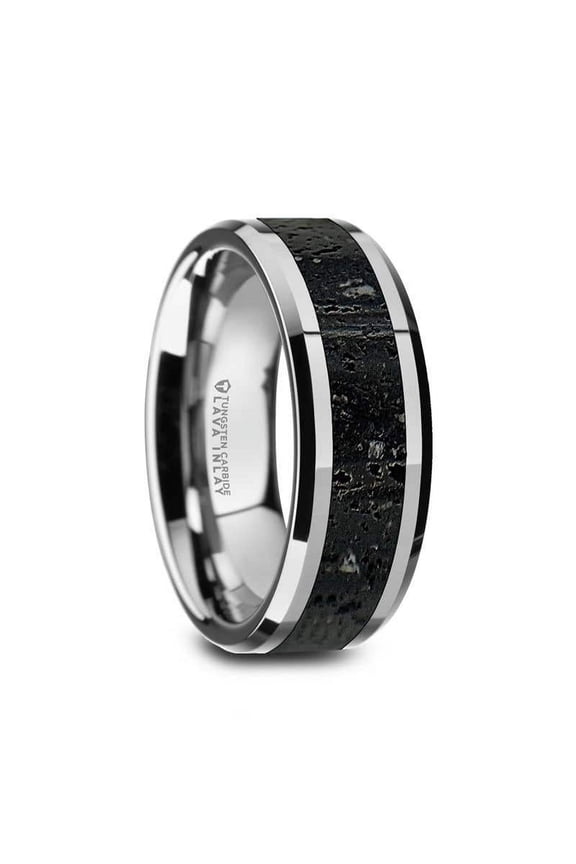 Thorsten KILAUEA Tungsten 8mm Wedding Band with Black & Gray Lava Rock Stone Inlay & Polished Beveled Edges