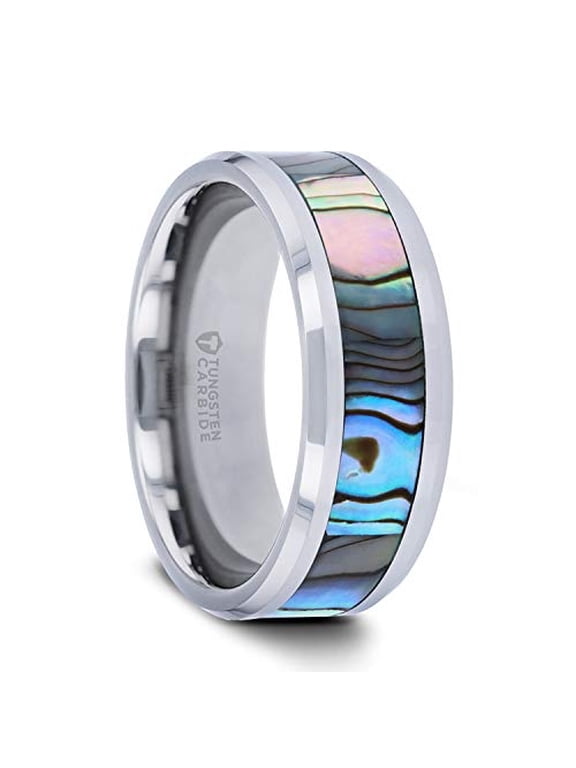 Maui Tungsten Carbide Men’s Wedding Band, Mother of Pearl Inlay, Polished Finish, 8mm, Size 8
