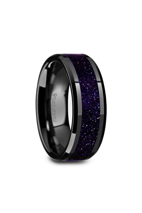 Men's Melo Black Ceramic Wedding Band With Purple Goldstone Inlay