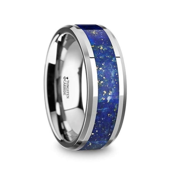 Thorsten OSIAS | Tungsten Rings for Men | Tungsten | Comfort Fit | Lifetime Guarantee | Wedding Ring Band with Blue Lapis Inlay and Polished Beveled Edges - 8mm