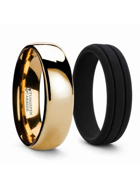 Oro Gold-Plated Tungsten Men’s Wedding Band with Silicone Ring, Domed Profile, 4mm, Size 7