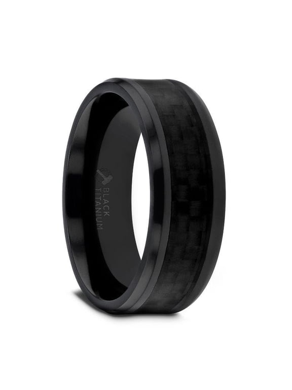 Oxyn Black Titanium Men’s Wedding Band, Black Carbon Fiber Inlay, Beveled Edges, 8mm, Size 13