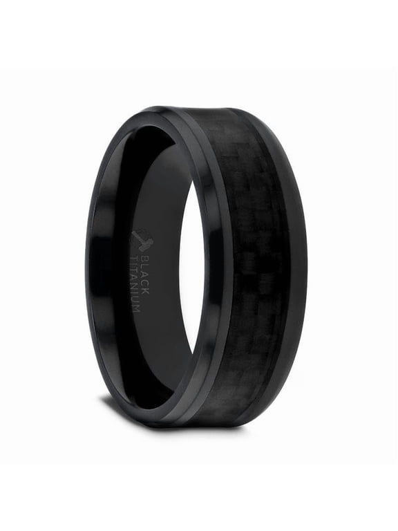 Oxyn Black Titanium Men’s Wedding Band, Black Carbon Fiber Inlay, Beveled Edges, 8mm, Size 15