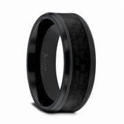 Thorsten Oxyn Black Titanium Men s Wedding Band, Black Carbon Fiber Inlay, Beveled Edges, 8mm, Size 15