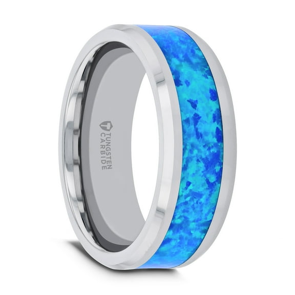 Thorsten Quasar Matching Set Tungsten Wedding Band with Blue Green Opal Inlay - Widths 4mm 6mm 8mm 10mm