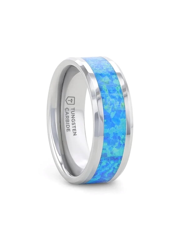 Quasar Tungsten Carbide Men’s Wedding Band, Blue Green Opal Inlay, Polished Finish, 6mm, Size 7