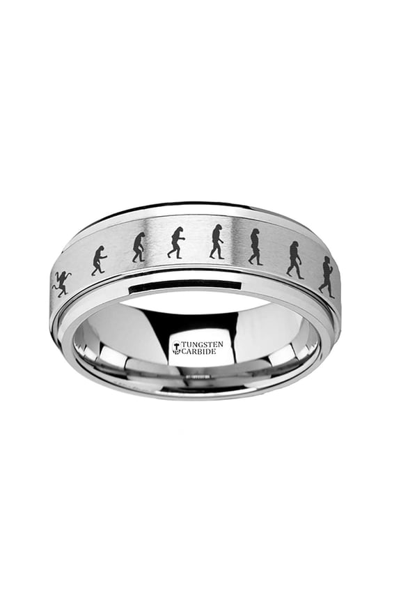 Spinning Engraved | Tungsten Rings for Men | Tungsten | Comfort Fit | Custom Engraving | Human Evolution Tungsten Carbide Spinner Wedding Band - 8mm