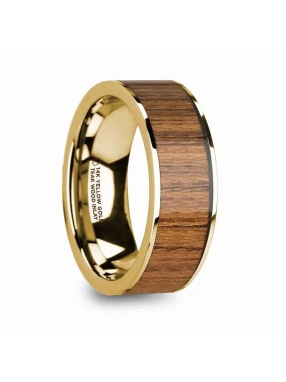 TERIS Men’s Polished 14k Yellow Gold Wedding Ring with Teak Wood Inlay — 8mm, Size 5