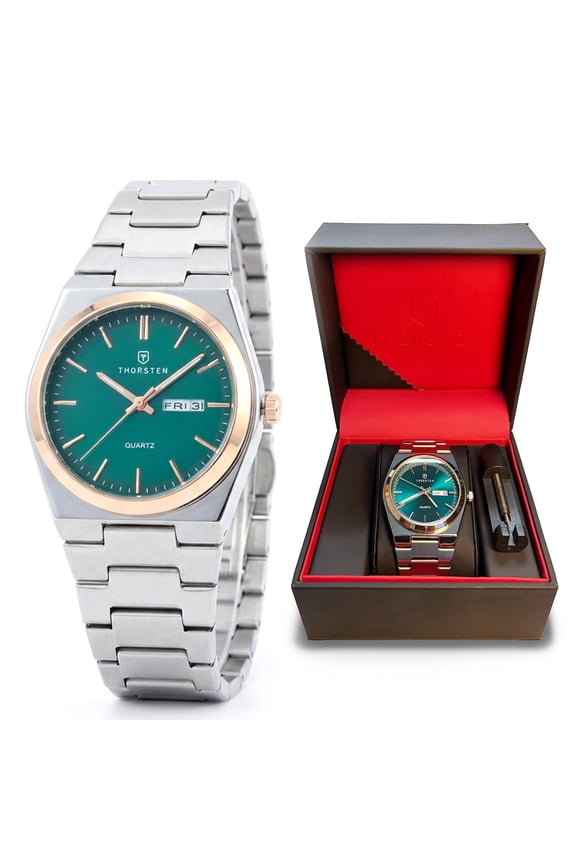 Tradesman Mens Watches – Analog Watch with Green Dial & Silver Band, Green Watches for Men, Dress Watches for Men, 3ATM Waterproof, 40mm
