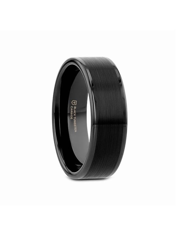 Vulcan Black Tungsten Men’s Wedding Band, Flat Matte Brushed Finish, Polished Edges, 12mm, Size 14.5
