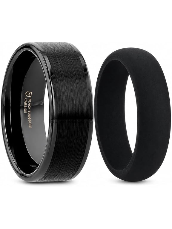 Vulcan Black Tungsten Men’s Wedding Band with Silicone Ring, Matte Brushed Finish, 4mm, Size 10.5