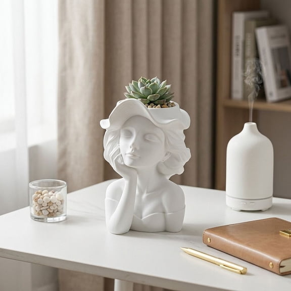 Thoughtful Lady Head Planter Pot Modern Girl Bust Sculpture, Decorative Female Face Flower Vase for Indoor Tabletop Home Office, 5.9x5.1x3.5in Plastic Art Piece Decor