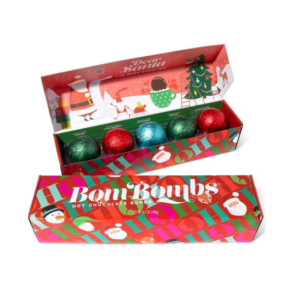 Thoughtfully Bombombs Hot Chocolate Bomb, Christmas Theme Fudge Brownie Hot Cocoa Bombs Filled with Mini Marshmallows, Stocking Stuffer and Secret Santa Gift Idea, 5 Pack