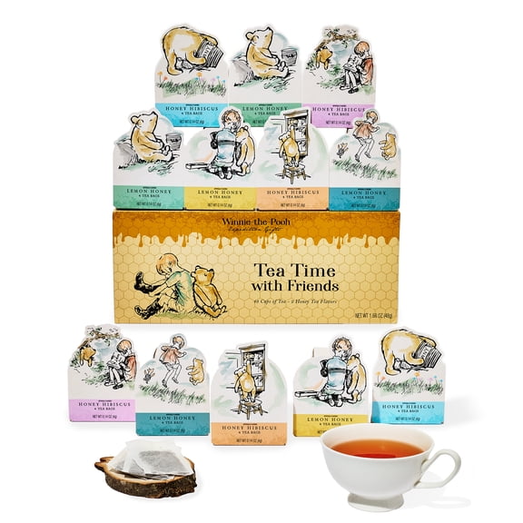 Thoughtfully Classic Winnie-the-Pooh Tea Gift Set, 12 Illustrated Character Boxes with Quotes, Lemon Honey & Honey Hibiscus, 48 Tea Bags Total