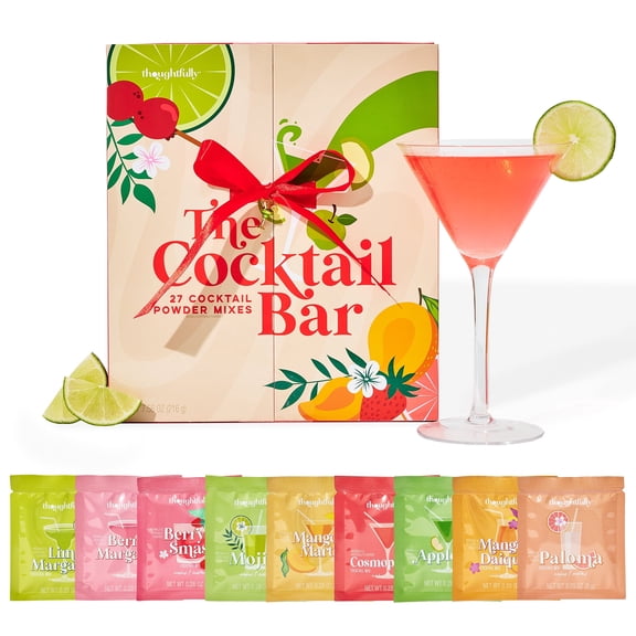 Thoughtfully Cocktail Bar Variety Powder Mixes, Mocktail & Cocktail Kit, Paper Canister, Home Bar Party Essentials, just add water or alcohol,  27 Pack