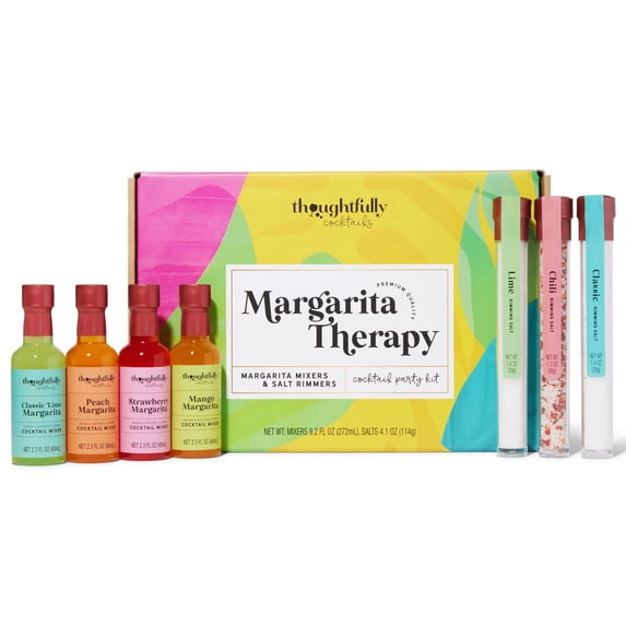 Thoughtfully Margarita Cocktail Therapy Gift Set , 4 Fruit Flavored Mixers & 3 Rimming Salts, Pre-Measured Single Serve, Plastic Caps, Liquid Form, Set of 7 (No Alcohol)