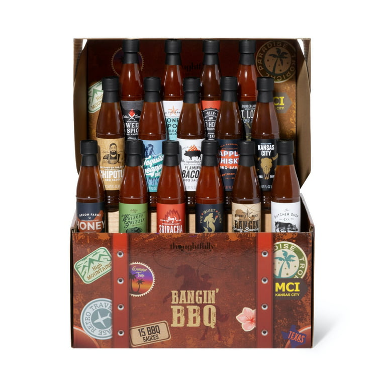Thoughtfully Gourmet, Bangin' BBQ Sauce Variety Pack in A Travel Themed Suitcase Gift Set, Set of 15