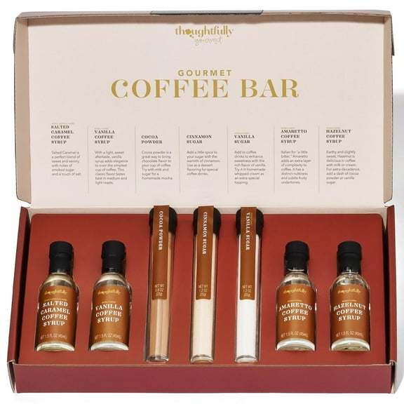Thoughtfully Gourmet Coffee Bar Set, Includes 2 Sugars, 1 Cocoa Powder and 4 Uniquely Flavored Coffee Syrups