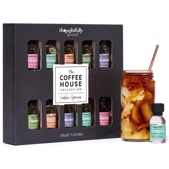 Thoughtfully Gourmet Flavored Coffee Syrup Sampler Gift Set, Halloween Gifts, Coffee Bar Accessories, Includes Salted Caramel, Vanilla, Mocha, Hazelnut, Pumpkin Spice, & More, Set of 10
