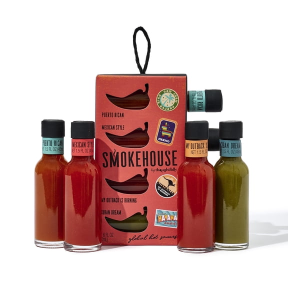 Smokehouse by Thoughtfully Global Hot Sauce Variety Pack, Internationally Inspired Flavors Puerto Rican Mango Habanero Mexican Style for Independence Day Gifts, Set of 4