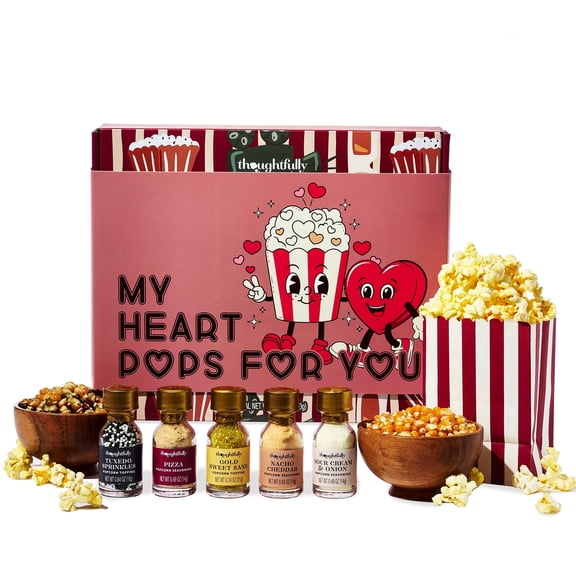 Thoughtfully Gourmet Family Movie Night Popcorn Kit with Valentine Band, Yellow and Mixed Popcorn Kernels, 10 Paper Bags, 5 Seasonings & Toppings