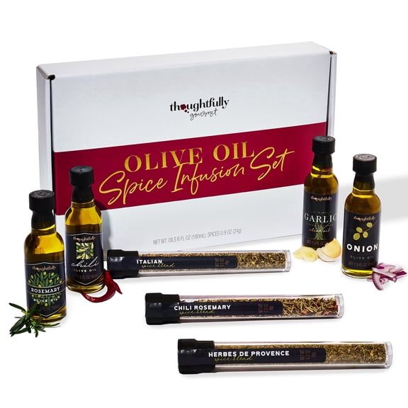 Thoughtfully Gourmet 4 Flavored Olive Oil Gift Set, Spice Infusion Cold-Pressed Extra-Virgin, Set of 7
