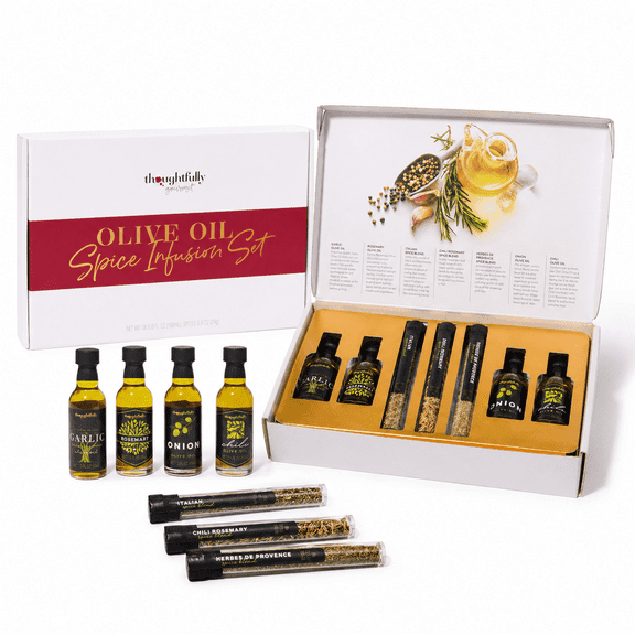 Thoughtfully Gourmet 4 Flavored Olive Oil Gift Set, Spice Infusion Cold-Pressed Extra-Virgin Liquid Oil, Set of 7