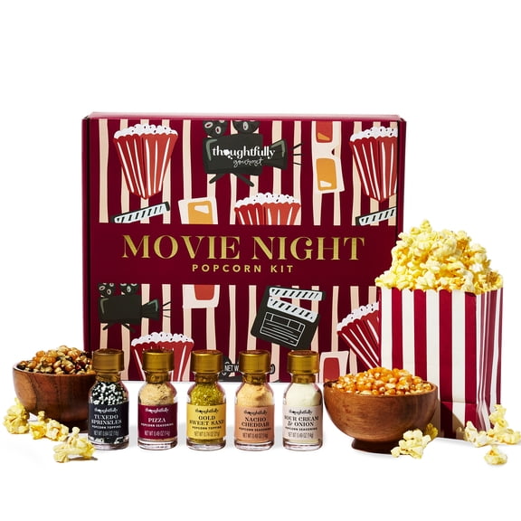 Thoughtfully Gourmet, Movie Night Popcorn Set, Includes Yellow and Mixed Popcorn Kernels, 10 Paper Bags, 5 Seasonings & Toppings