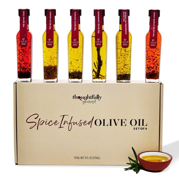 Thoughtfully Spice Infused Flavored Olive Oil Gift Set, Premium Extra-Virgin, Chili, Rosemary, Spicy Garlic, Set of 6