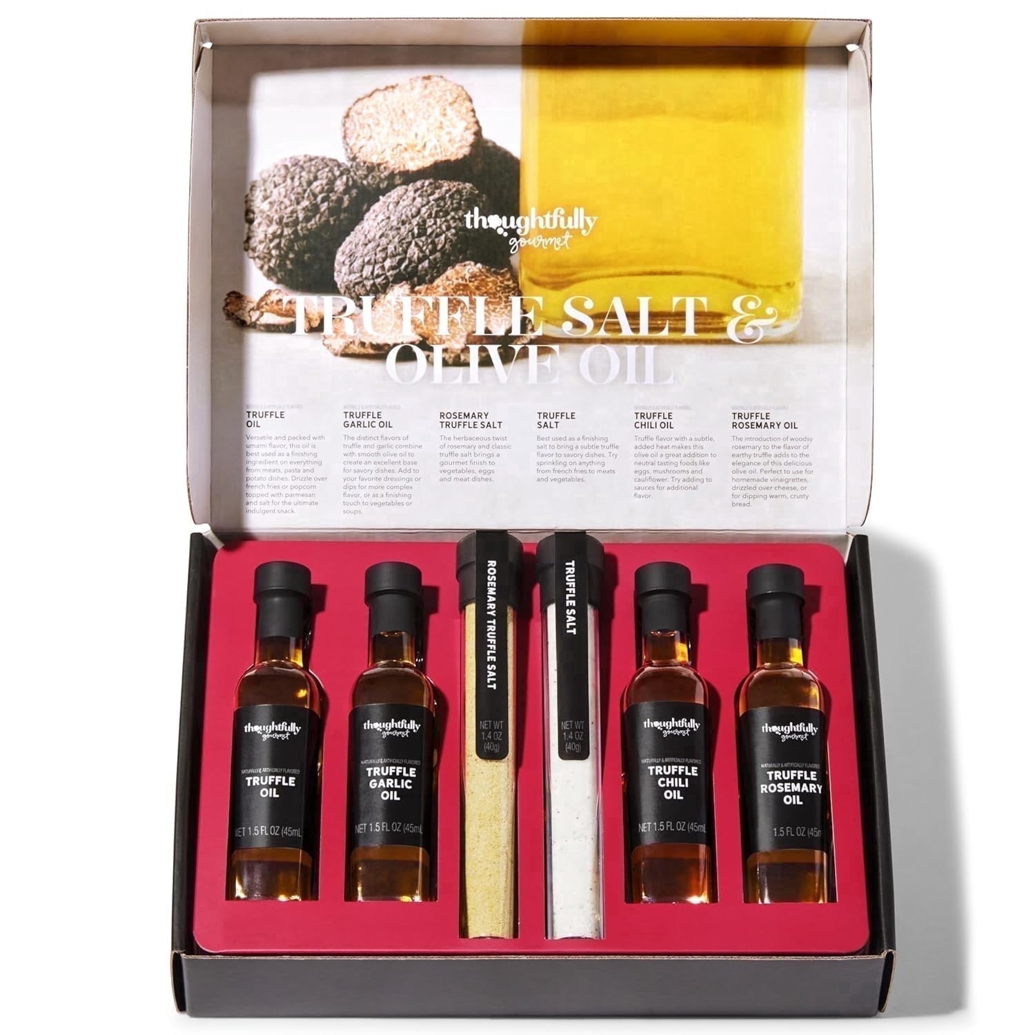 Thoughtfully Gourmet Truffle Salt and Flavored Olive Oil Gift Set, Seasoning and Oil Sampler, 6 Count