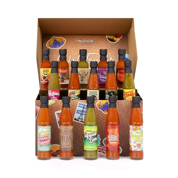 Thoughtfully Gourmet World Traveler Suitcase Hot Sauce Gift Set, Traveler Variety Pack, 15 Count
