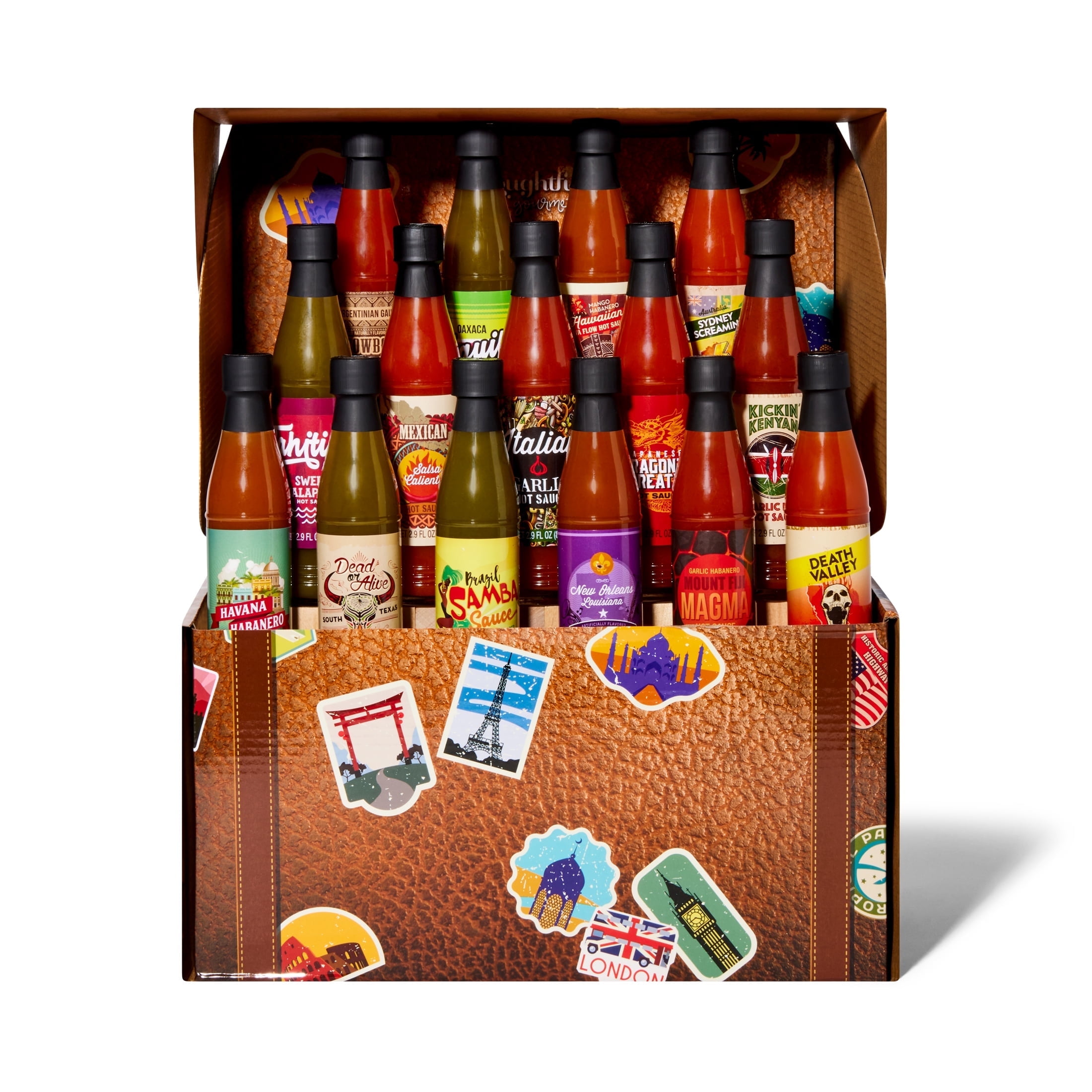 Thoughtfully Gourmet World Traveler Suitcase Hot Sauce Gift Set, Traveler Variety Pack, 15 Count