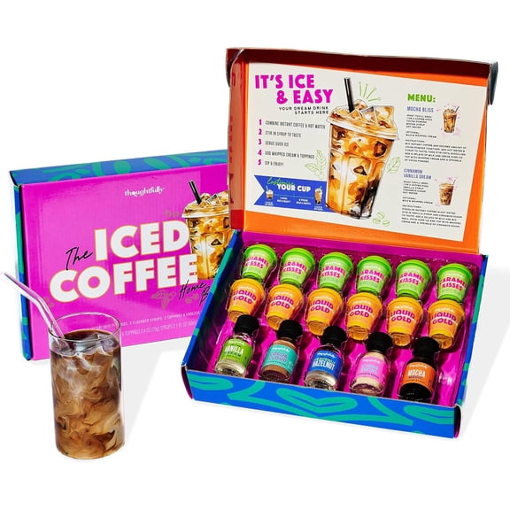 Thoughtfully Iced Coffee Barista Bar Gift Set in Box with Instant Coffee, Flavored Syrups, Cocoa Powder & Cinnamon Sugar DIY Coffee Station Sampler