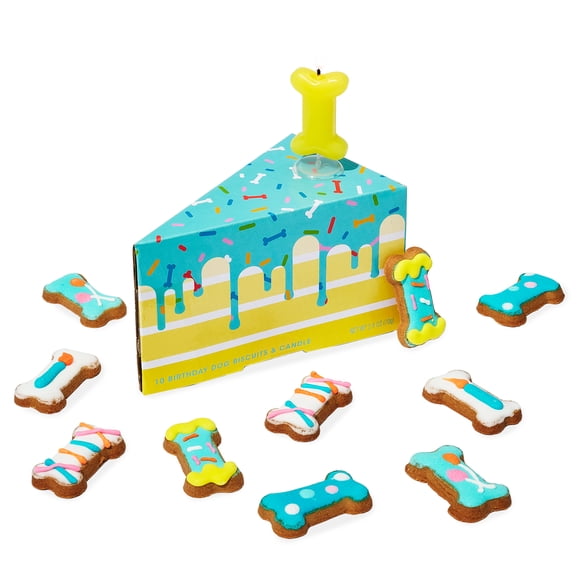 Thoughtfully Pets, Dog Birthday Cake Mini Treats Gift Set, Includes 10 Mini Cookie Bones and Birthday Candle, Pet Celebration Treats for Puppy Parties or Gotcha Day, Dog Day Celebration Set