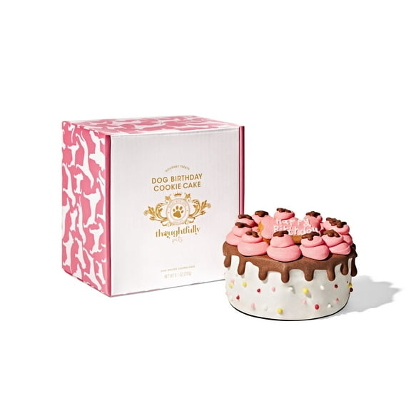 Thoughtfully Pets, Pink Dog Happy Birthday Mini Cookie Cake, Pink, Peanut Butter Flavored, Hand Decorated Hollow Biscuit Cake for All Dog Breeds