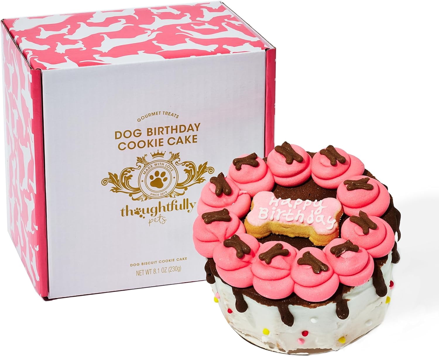 Thoughtfully Dog Birthday Cake, Peanut Butter Flavored Mini Cookie Cake Treat, Hand Decorated Pink Hollow Biscuit Cake