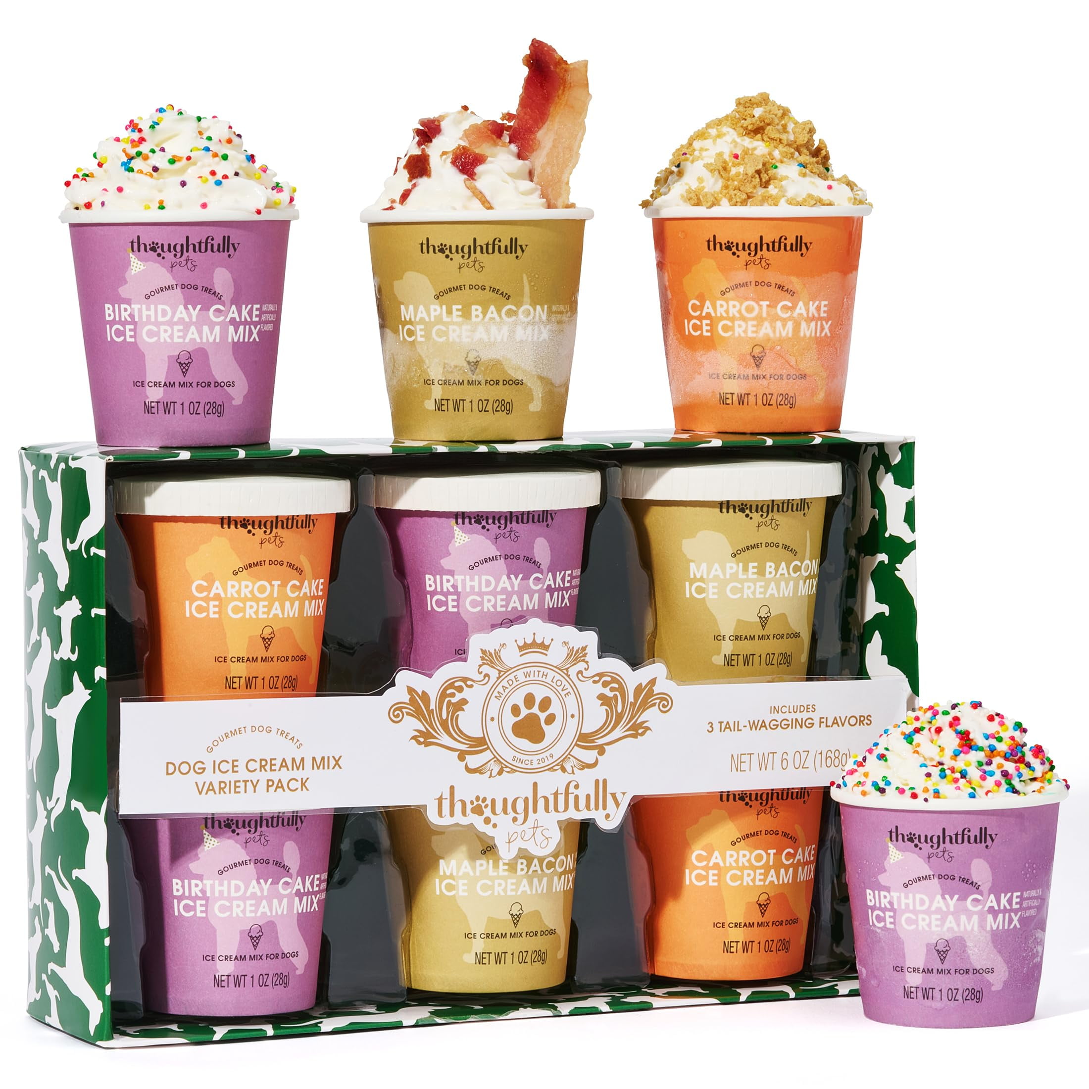 Thoughtfully Pets, Mini Dog Ice Cream Gift Set, Includes 3 Flavors of Dog-Friendly Ice Cream Powder Mix in Paper Cups, Just Add Water and Freeze, Set of 6