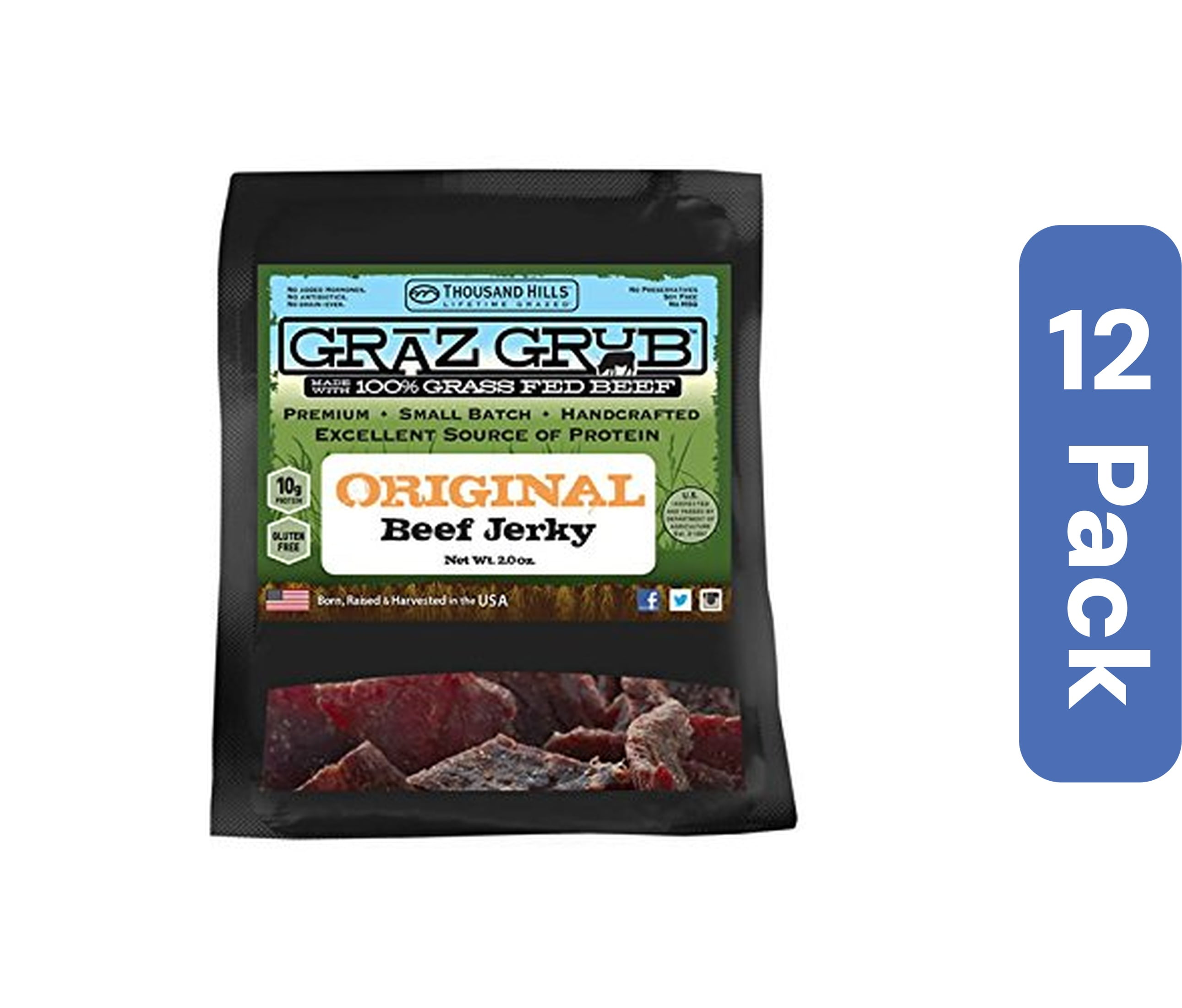 Thousand Hills Lifetime Grass Fed Beef Jerky Original 2 oz (Pack Of 12)