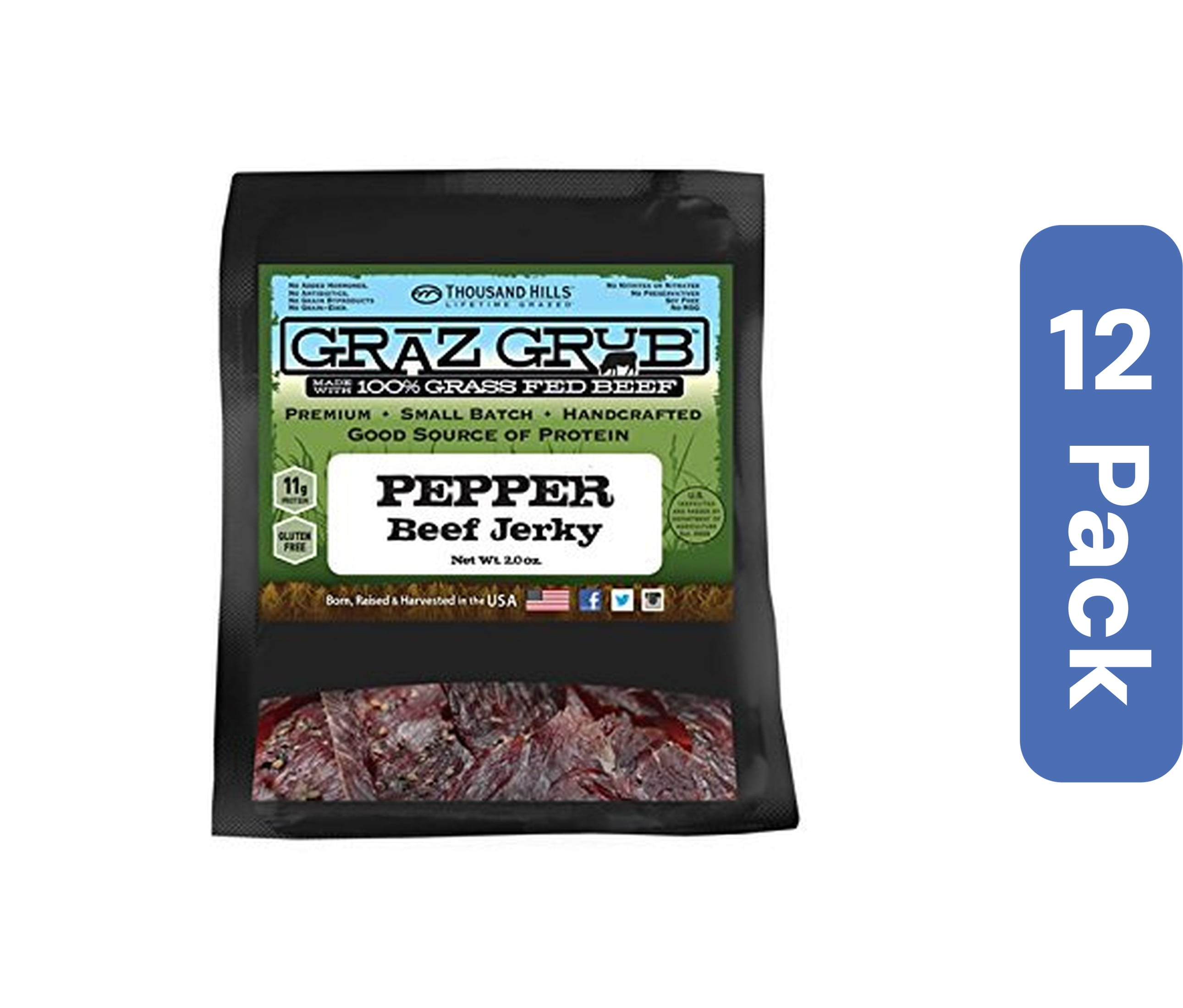 Thousand Hills Lifetime Grass Fed Beef Jerky Pepper 2 oz (Pack Of 12)