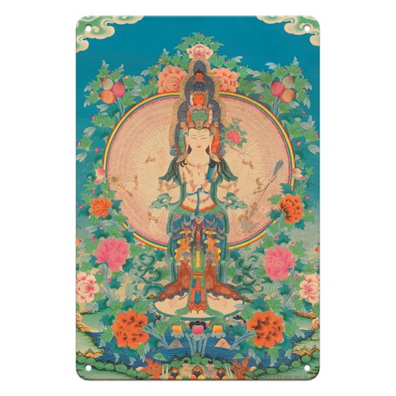 Thousand-armed Avalokiteshvara - Kuan Yin - Bodhisattva of Compassion - Vintage Tibetan Thangka Buddhist Painting - 8 x 12 inch Vintage Metal Tin Sign