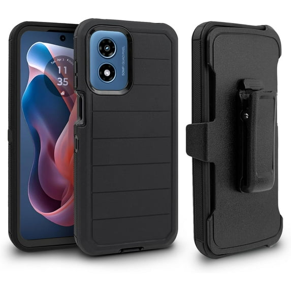ThousandGear Shockproof Case for Motorola Moto G-Play 2024 with Belt Clip Holster, Built-in Screen Protector Heavy Duty Rugged Full-Body Protective Case Cell Phone Cover with Kickstand (Pro Black)