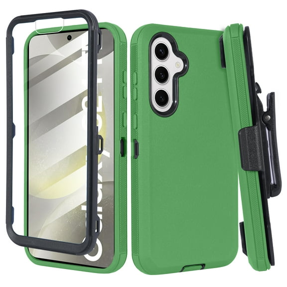 Thousandgear Compatible for Samsung Galaxy S24 FE Holster Case with Built-In Screen Protector, Heavy Duty Rugged Shockproof Belt Clip Kickstand, Green