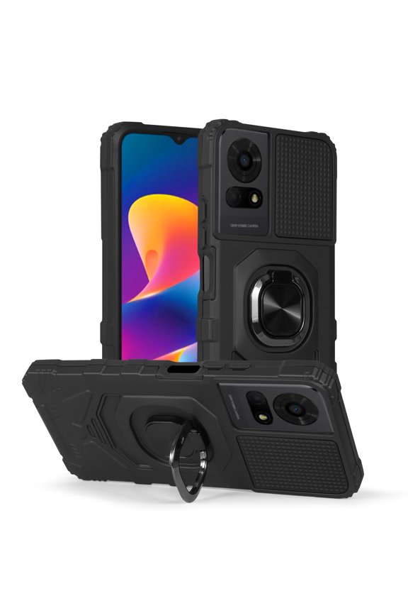 Compatible for TCL K24 / TCL K23 / TCL 50 LE / T434D / T434W Case with Tempered Glass Screen Protector, Magnetic Ring Kickstand Shockproof Cover - Black