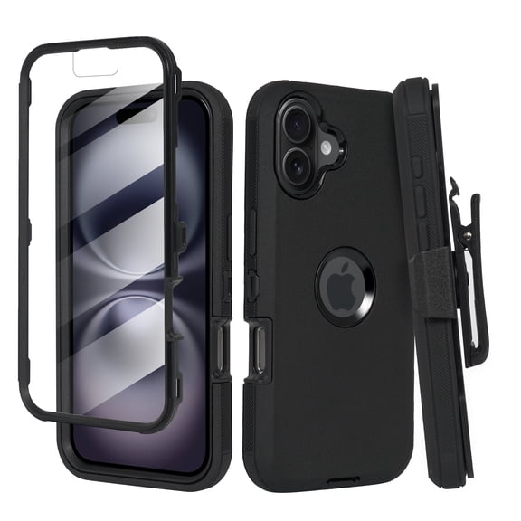 Thousandgear Compatible with iPhone 16 Heavy Duty Built in Screen Defender Phone Case, with Belt-Clip Holster-Black