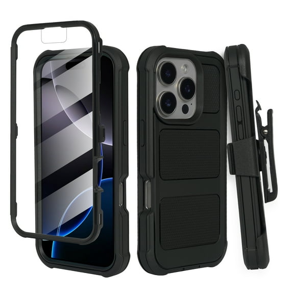 Thousandgear Compatible with iPhone 16 Pro 6.3" Heavy Duty Built in Screen Defender Phone Case, with Belt-Clip Holster ballistic Black