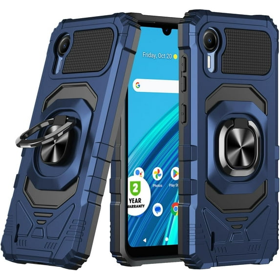 Thousandgear Customerfirst Compatible with Cricket Debut S2 Case, AT&T Calypso 4 wiith Tempered Glass Screen Protector Ring Car Mount Kickstand Shockproof Hard Phone Case (Blue)